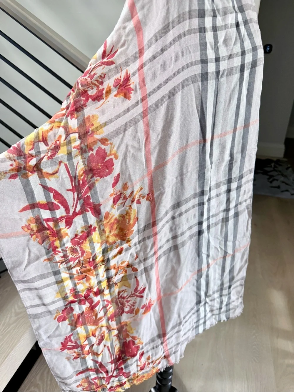 Floral Plaid Lightweight Scarf - Red, Yellow, Gray on White